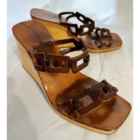 Vintage Stephane Kelian Brown Leather And Wood Platform Wedge Sandals Sz 9.5 - Picture 6 of 16